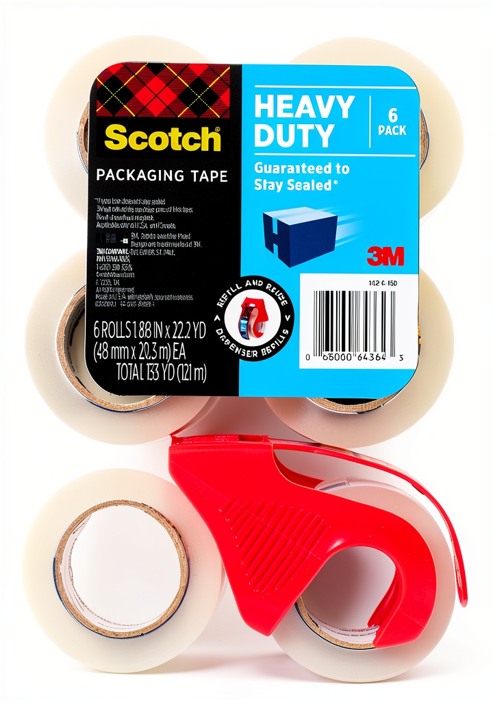 Scotch Heavy Duty Packing Tape rolls with dispenser on shipping box