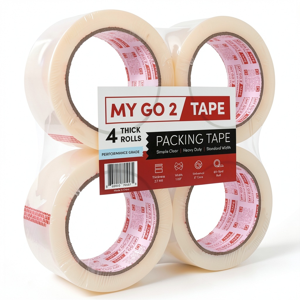 My Go 2 Tape heavy duty packing tape roll on a shipping box