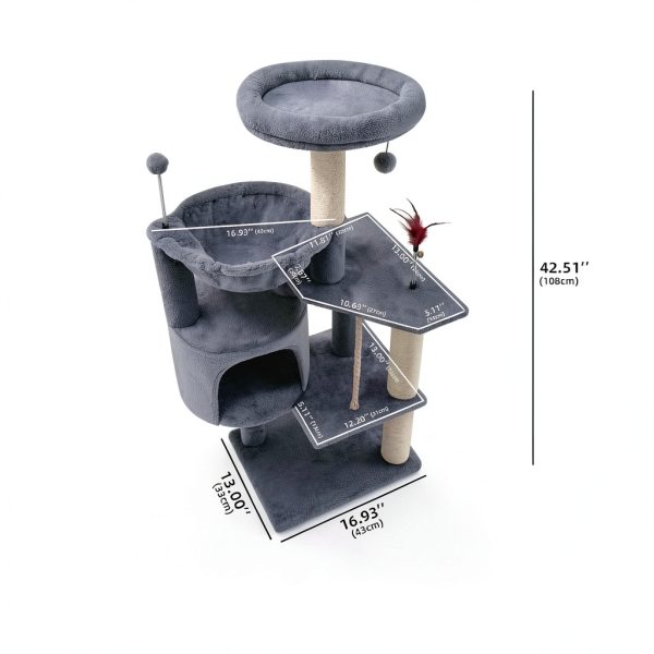 TWDEPART 42.5'' Cat Tree for Indor Cats, Multifunctional Cat Tower with Cozy Condo, Perches, Scratching Posts and Hammock, Grey…-1