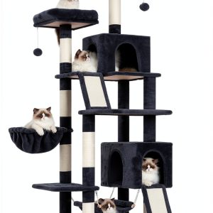 Cat Tree for Indoor Cats, 71'' (180cm) Multi-Level Cat Tower for Large Adult, Sturdy Cat Tree House with 2 Scratching Boards 7 Posts, 2 Plush Perches/Condos, Hammock, Smoky Gray GCT032G-0