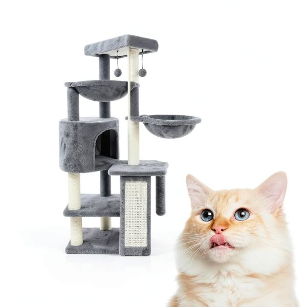 Xin Three Layer Cat Tree with Cat Condo and Two Hammocks,Grey-2