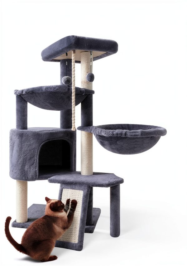 Xin Three Layer Cat Tree with Cat Condo and Two Hammocks,Grey-5