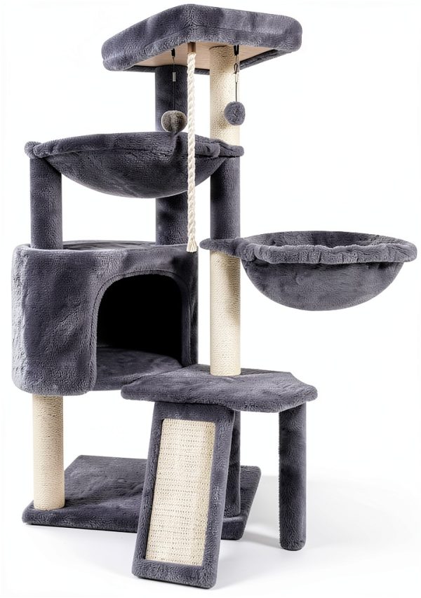 Xin Three Layer Cat Tree with Cat Condo and Two Hammocks,Grey-1