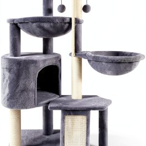Xin Three Layer Cat Tree with Cat Condo and Two Hammocks,Grey-0