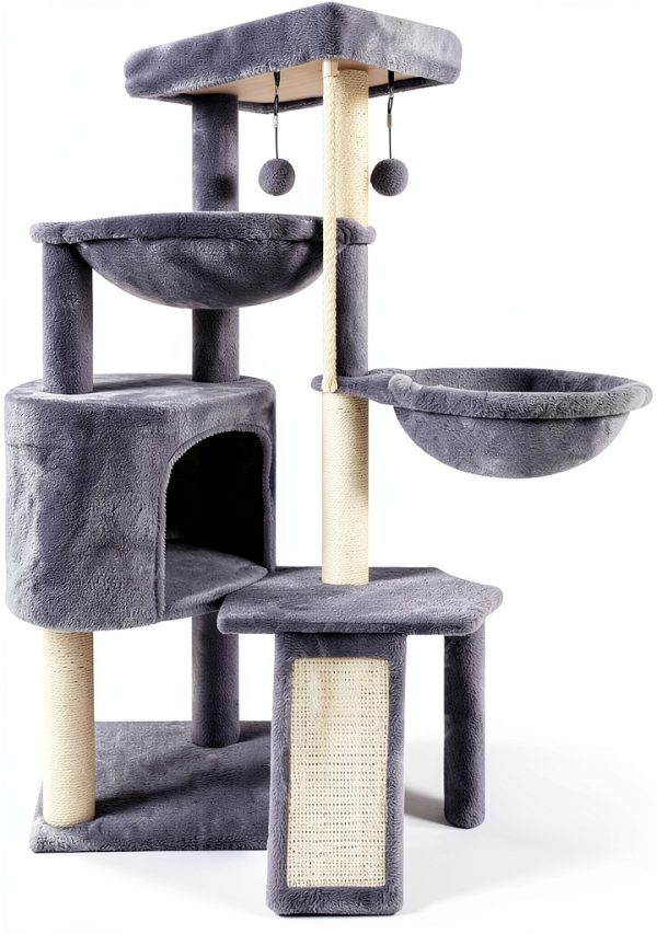 Xin Three Layer Cat Tree with Cat Condo and Two Hammocks,Grey-0